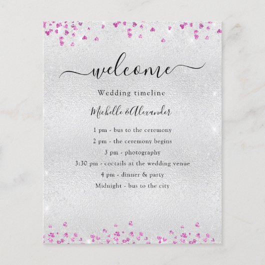 Silberfuchsienrosa Herzen Hochzeitsprogramm (Vorderseite)