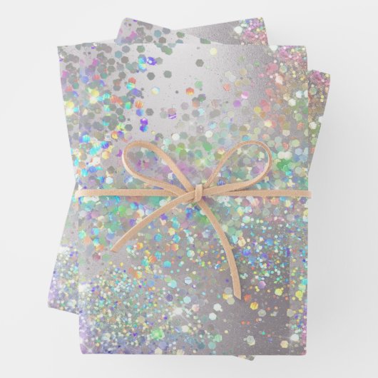 Silberfunkel-Hologramm-Regenbogen-Glitzer glänzt Geschenkpapier Set (Beispiel)