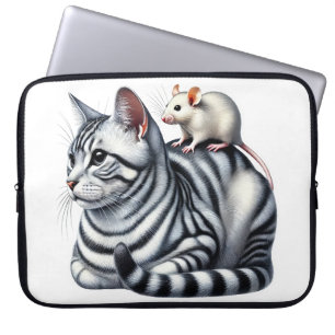 SILBERGETIGERTE KATZE MIT KLEINER WEISER MAUS LAPTOPSCHUTZHÜLLE