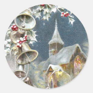 Silberglocken und Kirche vintage Weihnachten Runder Aufkleber