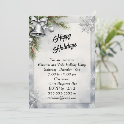 Silberglocken und Schneeflocken Weihnachten Party Einladung (Stehend Vorderseite)