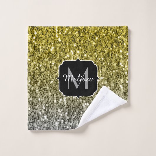 Silbergold dunkle Glitzern Glitzer ombre Monogram Badhandtuch Set (Waschlappen)
