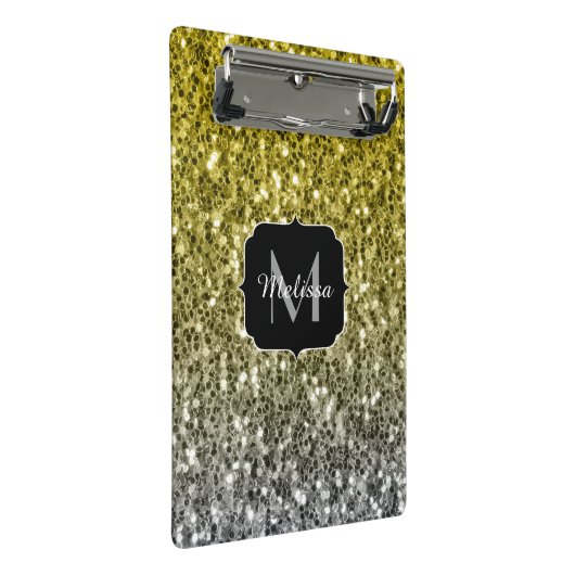 Silbergold dunkle Glitzern Glitzer ombre Monogram Mini Klemmbrett (Schrägansicht)