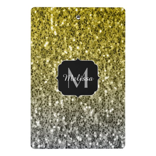 Silbergold dunkle Glitzern Glitzer ombre Monogram Mini Klemmbrett (Rückseite)