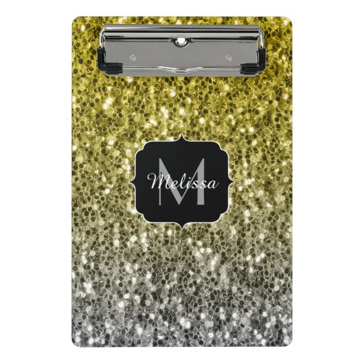 Silbergold dunkle Glitzern Glitzer ombre Monogram Mini Klemmbrett (Vorderseite)