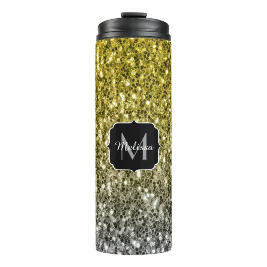 Silbergold dunkle Glitzern Glitzer ombre Monogram Thermosbecher (Vorderseite)