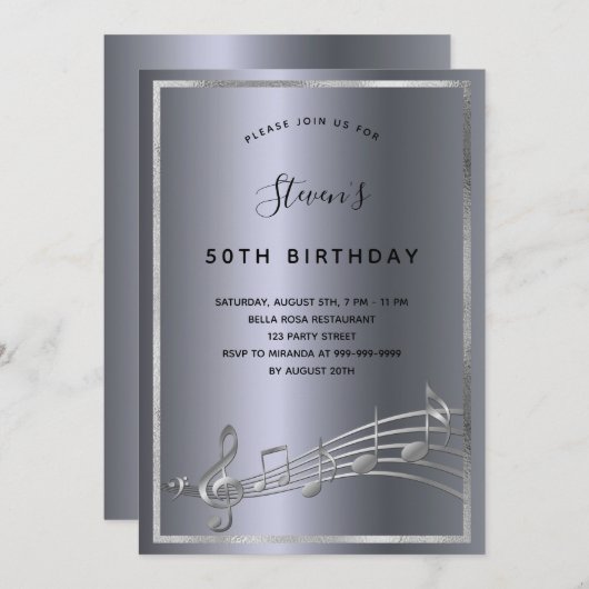 Silbergold-Musiknoten zum Geburtstag Party Einladung (Vorne/Hinten)
