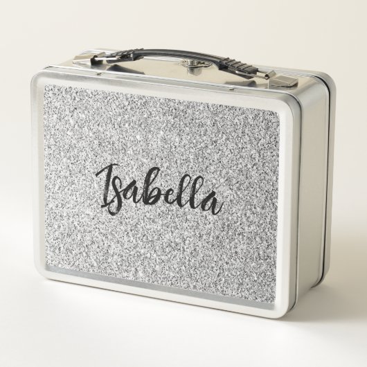 Silbergrau-Glitzer Glitzern Individuelle Name Metall Brotdose (Rückseite)