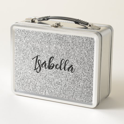 Silbergrau-Glitzer Glitzern Individuelle Name Metall Brotdose (Vorderseite)