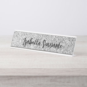 Silbergrau-Glitzer Glitzern Individuelle Name Schreibtischnamensplakette