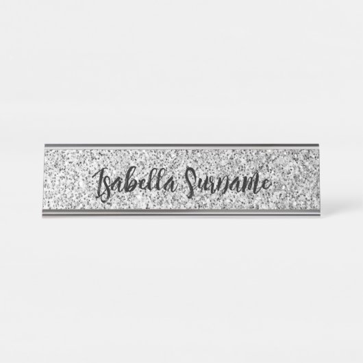Silbergrau-Glitzer Glitzern Individuelle Name Schreibtischnamensplakette (Vorderseite )