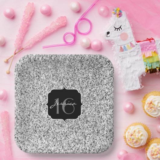 Silbergrau, leicht Glitzer Glitzern Sweet 16 Pappteller (Party)