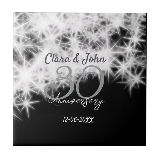 Silbergrau schwarz 30. Hochzeitstag Glitzer Fliese (Vorderseite)