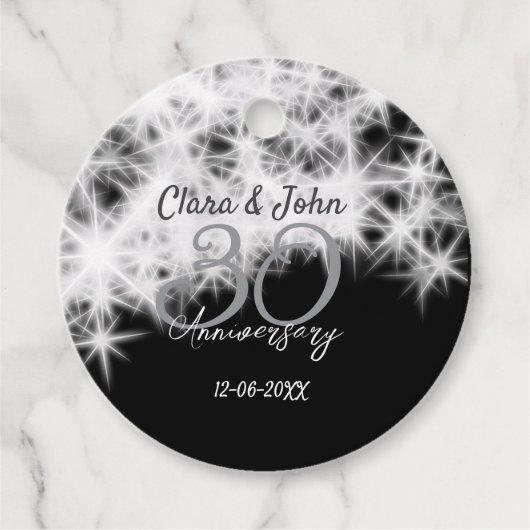 Silbergrau schwarz 30. Hochzeitstag Glitzer Geschenkanhänger (Vorderseite)