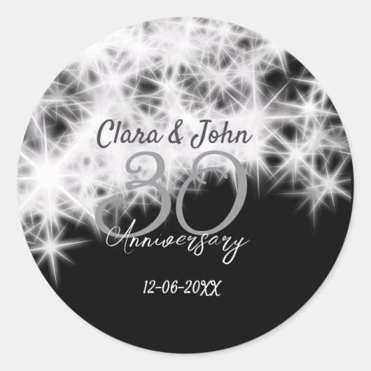 Silbergrau schwarz 30. Hochzeitstag Glitzer Runder Aufkleber (Vorderseite)