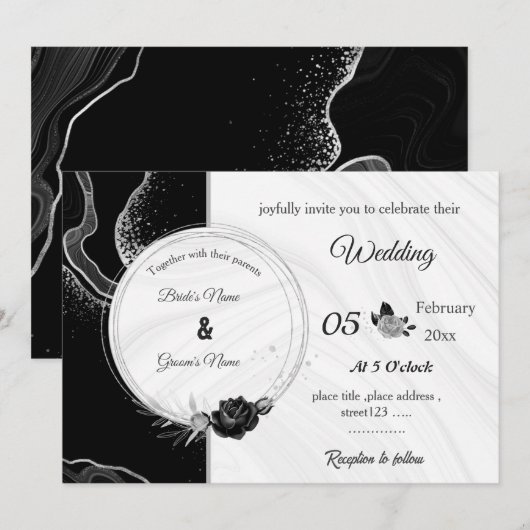 silbergrau & schwarze Blumen botanische Hochzeit Einladung (Vorne/Hinten)