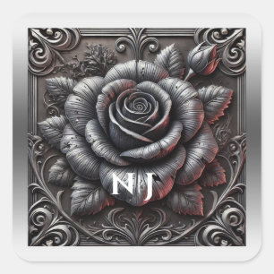 Silbergrau & Schwarze Rose Elegante Gothic Hochzei Quadratischer Aufkleber