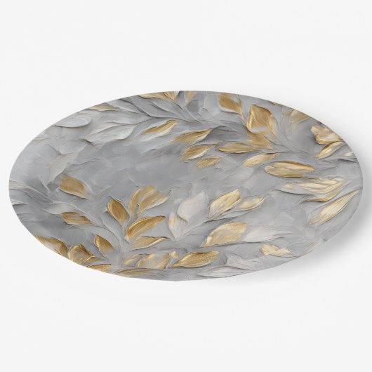 Silbergraue Blätter Pappteller (Schrägansicht)