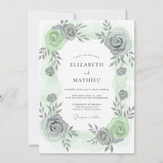 Silbergraue Blätterhochzeit Einladung (Vorderseite)