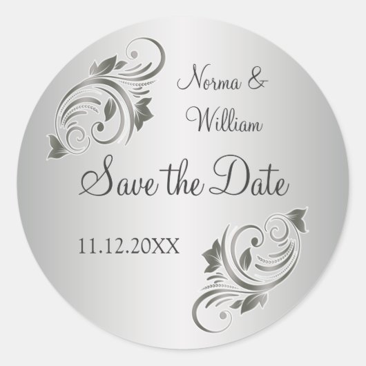 Silbergraue blühende Wirbel Save the Date Aufklebe Runder Aufkleber (Vorderseite)
