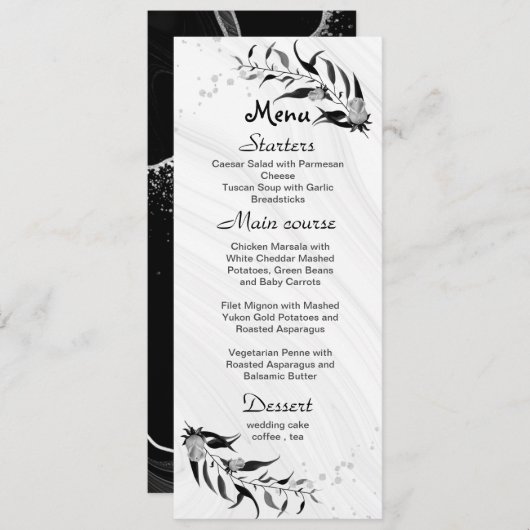 Silbergraue Blume & schwarze Blätter Hochzeit Menükarte (Vorne/Hinten)