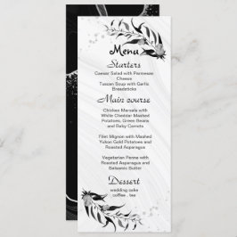 Silbergraue Blume & schwarze Blätter Hochzeit Menükarte