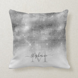 Silbergraue Disco-Kugel Mosaik Glänzendes Monogram Kissen