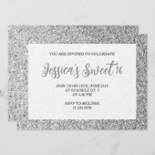 Silbergraue Glitzern Sweet 16 elegante Schrift Einladung (Vorne/Hinten)