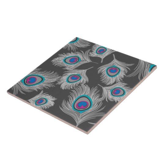 Silbergraue/graue PfauenFedern auf Grafit Fliese (Seite)