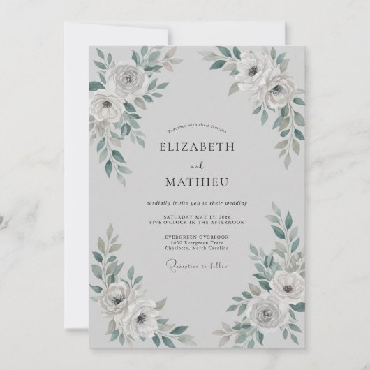 Silbergraue Hochzeit mit staubigem Eukalyptus Einladung (Vorderseite)