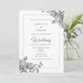 Silbergraue Rose Elegante Blumenhochzeit Einladung (Stehend Vorderseite)