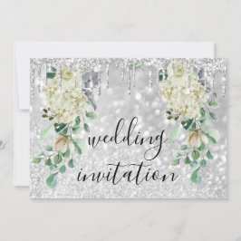 Silbergraue Tropfen Glitte Grüne Hochzeit mit flor Einladung