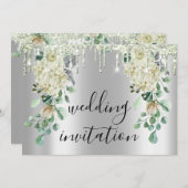 Silbergraue Tropfen Graue Blumenzange Grüne Hochze Einladung (Vorne/Hinten)