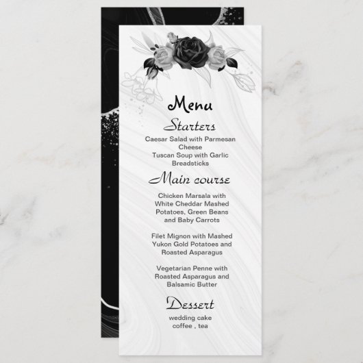 Silbergraue und schwarze Blume Menükarte (Vorne/Hinten)