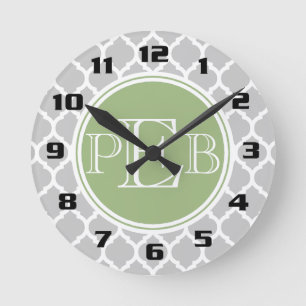 Silbergraue Vierblattmuster Hellgrüne Monogramm Runde Wanduhr