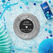 Silbergrauer Damast und Herz Pappteller (Party)