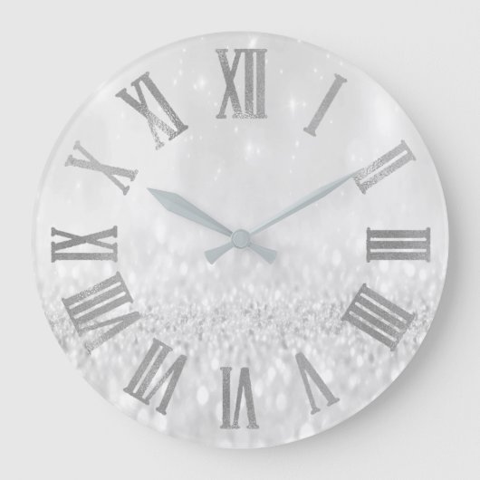 Silbergrauer Glitzer Minimal Metallische römische Große Wanduhr (Vorderseite)