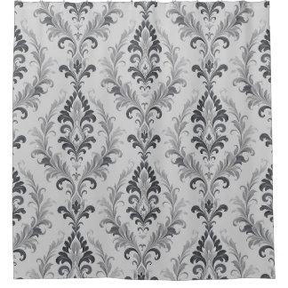 Silbergraues Barock-Damask Blumenmuster Duschvorhang