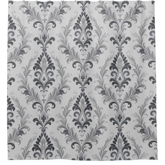 Silbergraues Barock-Damask Blumenmuster Duschvorhang (Vorderseite)