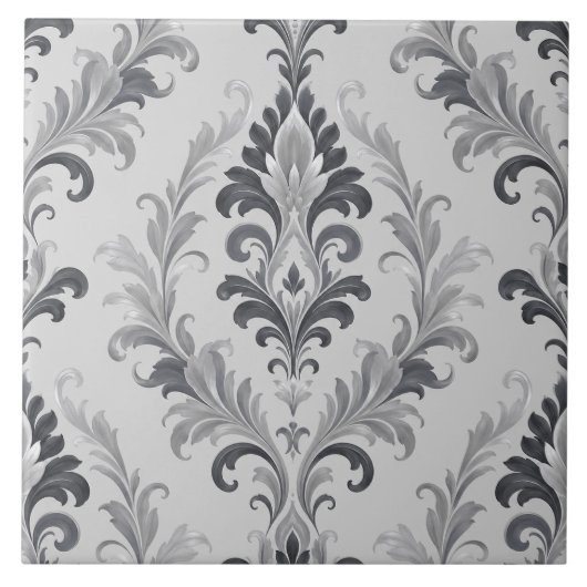 Silbergraues Barock-Damaskus-Blumenmuster Fliese (Vorderseite)