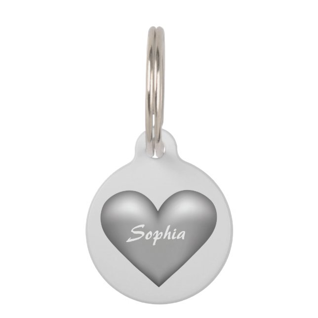 Silbergraues Herz mit Individuelle Name über Haustiermarke (Vorderseite)