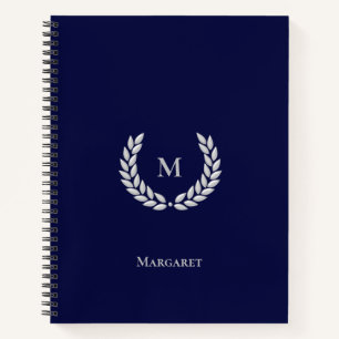 Silbergraues Monogramm & Lorbeer auf Navyblauem No Notizblock