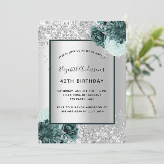 Silbergrün florierend eleganter Geburtstag Einladung (Stehend Vorderseite)