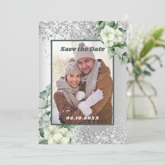 Silbergrüne Blumen Foto Save the Date Hochzeit (Stehend Vorderseite)