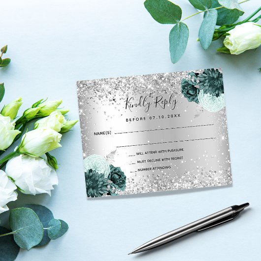 Silbergrüne Blumen Glitzer Budget Hochzeit RSVP Flyer