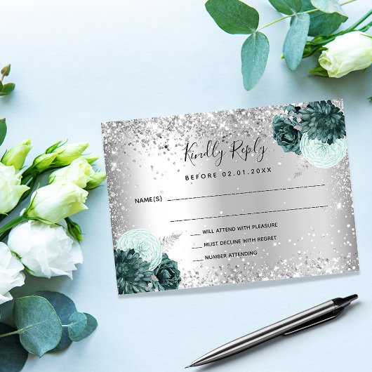 Silbergrüne Blumen Glitzer Hochzeit RSVP Mitteilungskarte