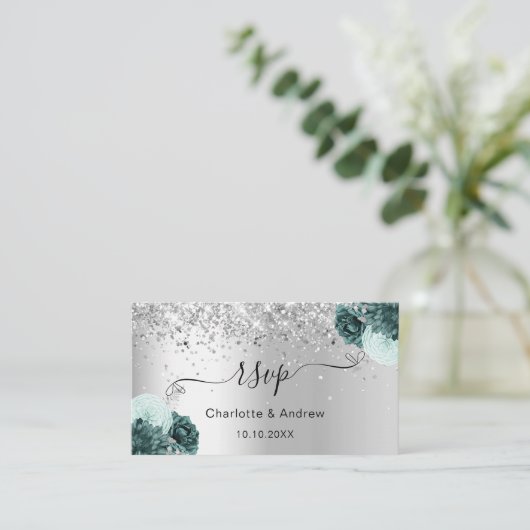 Silbergrüne Hochzeitswebsite UAWG QR-Code Begleitkarte (Stehend Vorderseite)