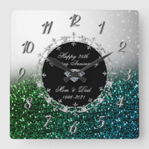 Silbergrüner glitzernder 25. Hochzeitstag Quadratische Wanduhr