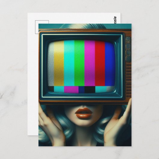 Silberhaarfrau mit einem Fernseher auf ihrem Kopf Postkarte (Vorne/Hinten)