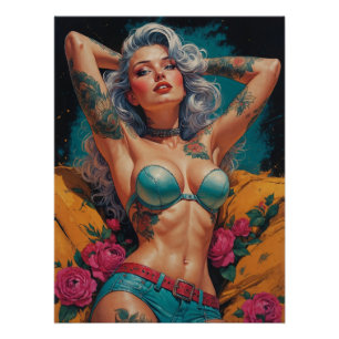 Silberhaariges Pin-Up-Blumen-Tattoo-Leder-Outfit  Poster